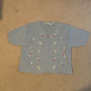 Vintage 1990’s Gina Peters Embroidered SS Blue Button-Up Sweater